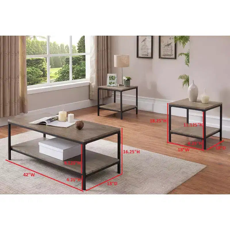 Set di 3 tavoli in legno grigio e metallo nero (1 tavolino da caffè + 2 tavolini laterali)