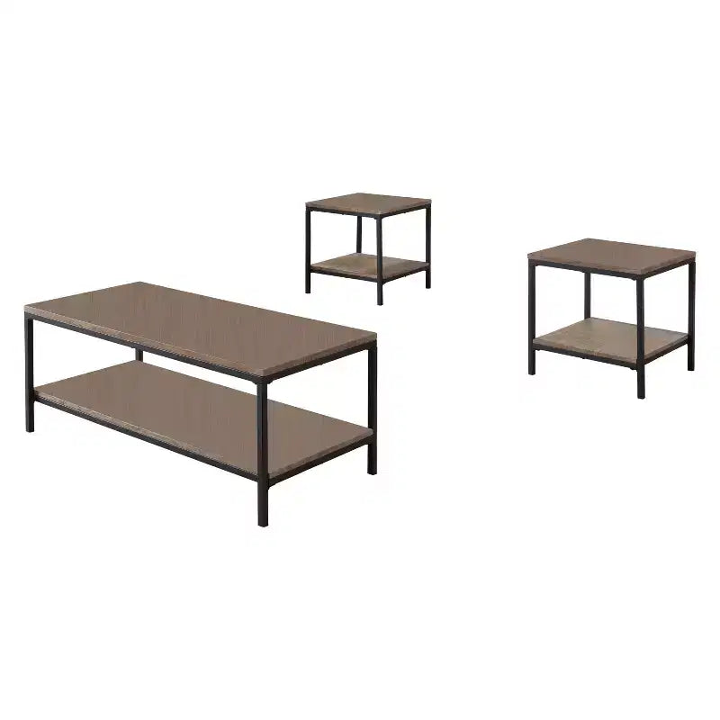Set di 3 tavoli in legno grigio e metallo nero (1 tavolino da caffè + 2 tavolini laterali)