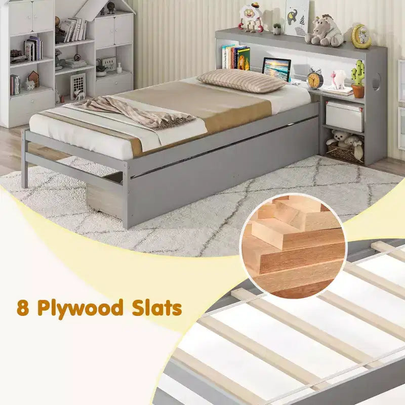 Struttura letto singolo con LED e USB, testiera a libreria, 2 cassetti – Bianco/Grigio