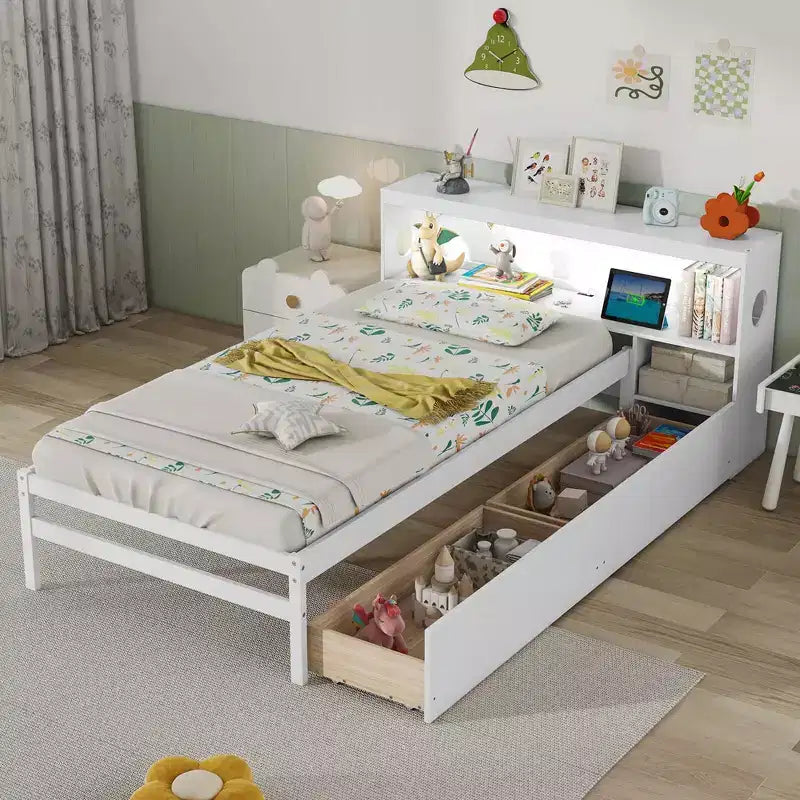 Struttura letto singolo con LED e USB, testiera a libreria, 2 cassetti – Bianco/Grigio