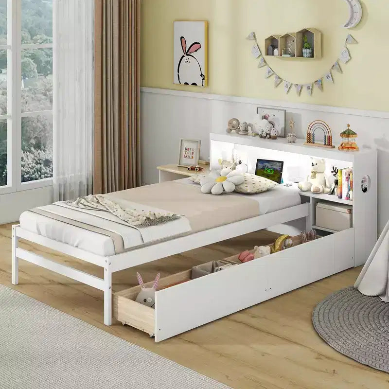 Struttura letto singolo con LED e USB, testiera a libreria, 2 cassetti – Bianco/Grigio