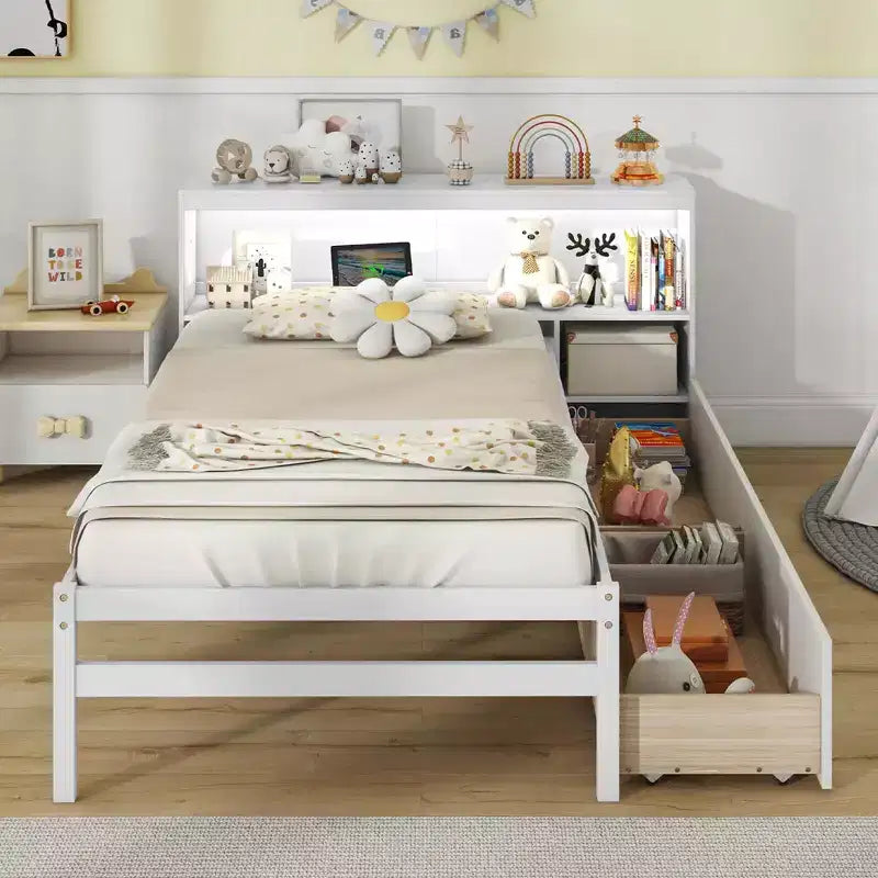 Struttura letto singolo con LED e USB, testiera a libreria, 2 cassetti – Bianco/Grigio