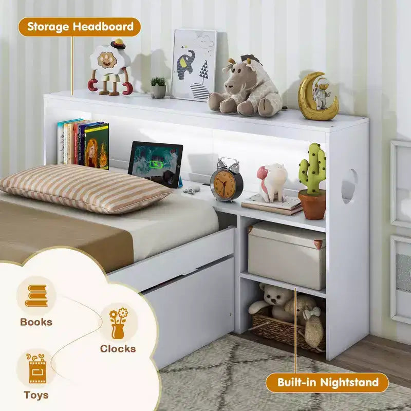 Struttura letto singolo con LED e USB, testiera a libreria, 2 cassetti – Bianco/Grigio