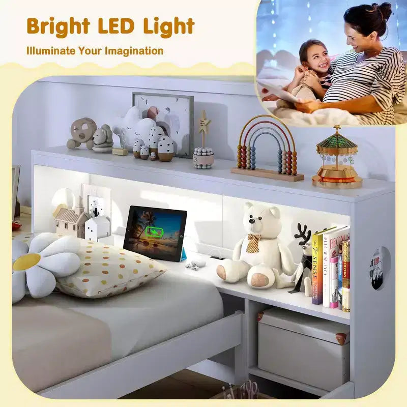 Struttura letto singolo con LED e USB, testiera a libreria, 2 cassetti – Bianco/Grigio
