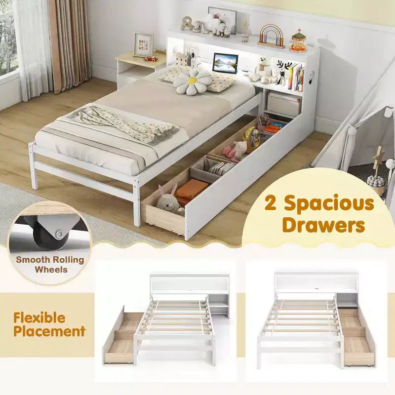Struttura letto singolo con LED e USB, testiera a libreria, 2 cassetti – Bianco/Grigio