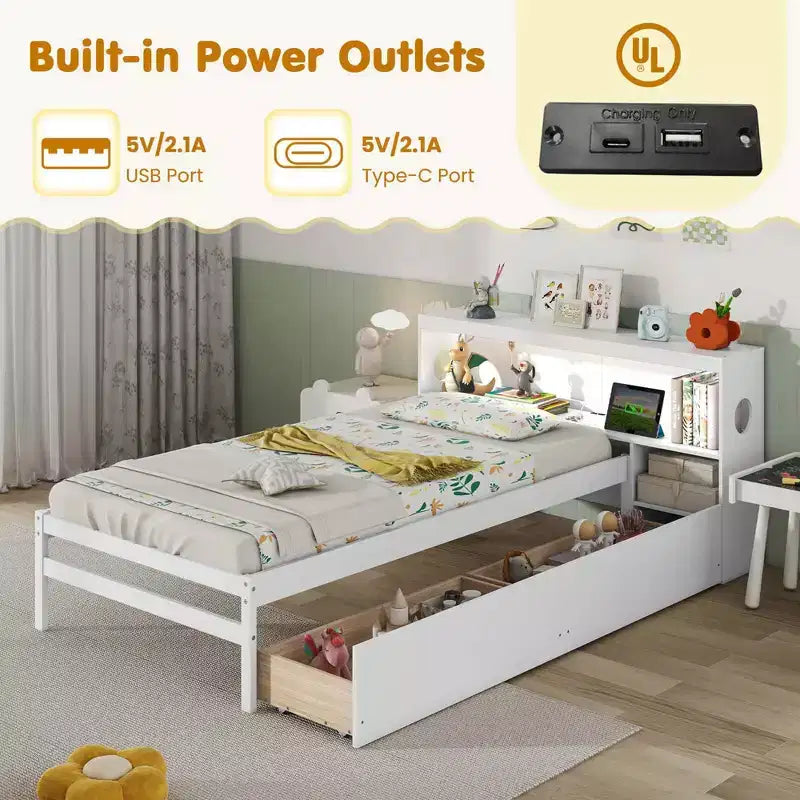 Struttura letto singolo con LED e USB, testiera a libreria, 2 cassetti – Bianco/Grigio