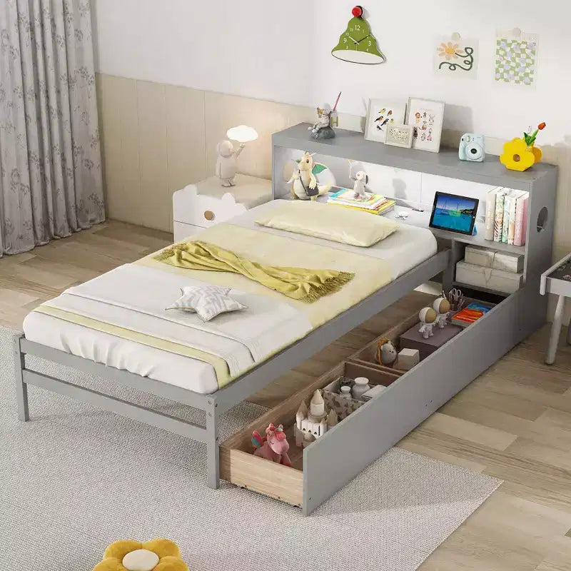 Struttura letto singolo con LED e USB, testiera a libreria, 2 cassetti – Bianco/Grigio