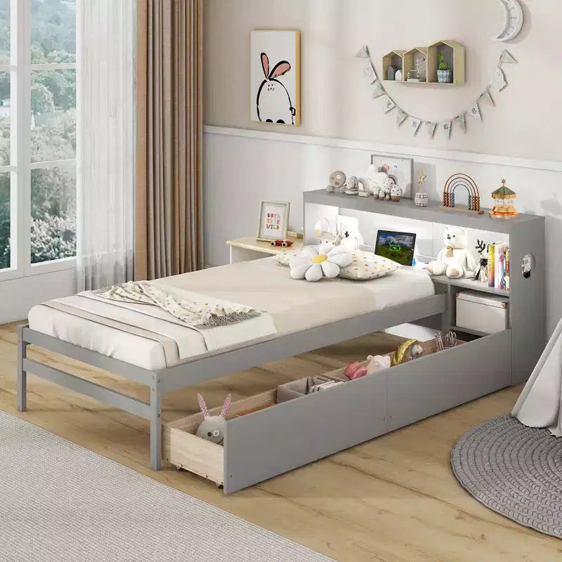 Struttura letto singolo con LED e USB, testiera a libreria, 2 cassetti – Bianco/Grigio
