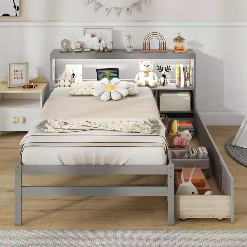 Struttura letto singolo con LED e USB, testiera a libreria, 2 cassetti – Bianco/Grigio