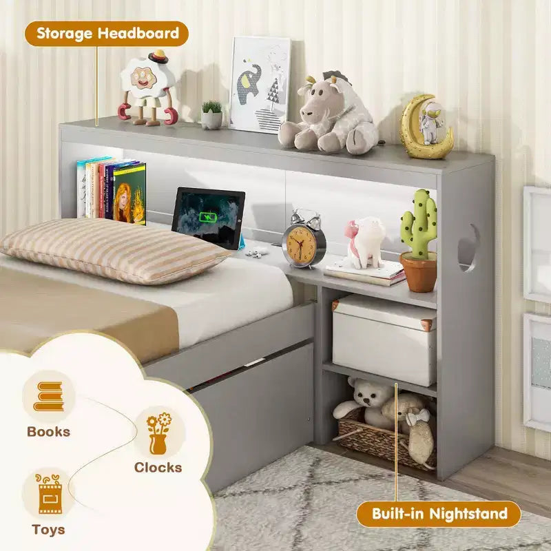 Struttura letto singolo con LED e USB, testiera a libreria, 2 cassetti – Bianco/Grigio