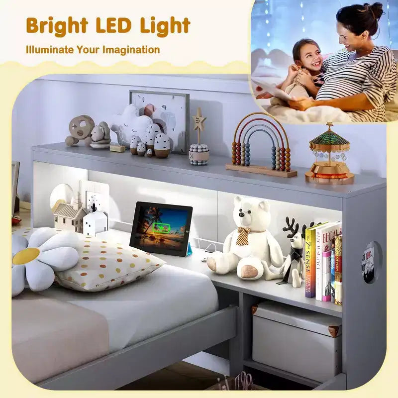 Struttura letto singolo con LED e USB, testiera a libreria, 2 cassetti – Bianco/Grigio