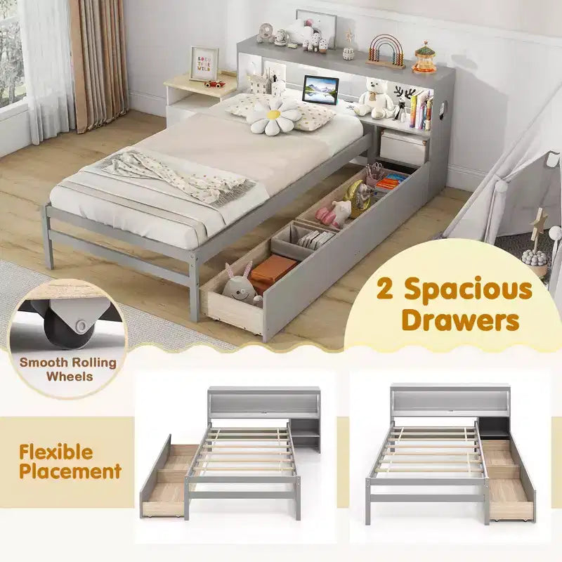 Struttura letto singolo con LED e USB, testiera a libreria, 2 cassetti – Bianco/Grigio