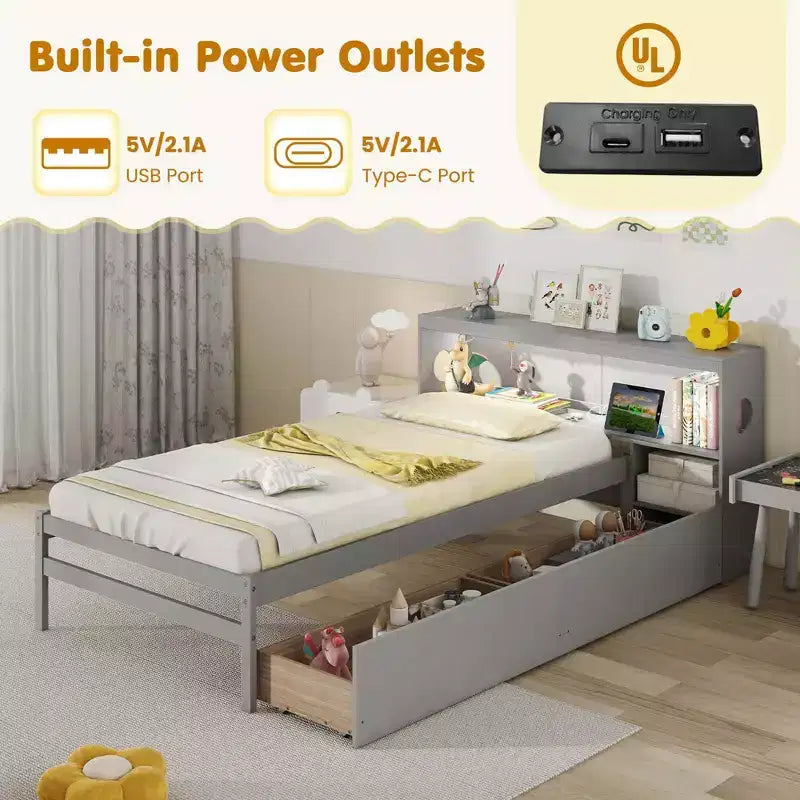 Struttura letto singolo con LED e USB, testiera a libreria, 2 cassetti – Bianco/Grigio