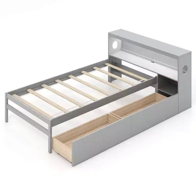 Costway Twin Size Bed Frame with LED Light & Power Outlet Bookcase Headboard Drawers White/Gray