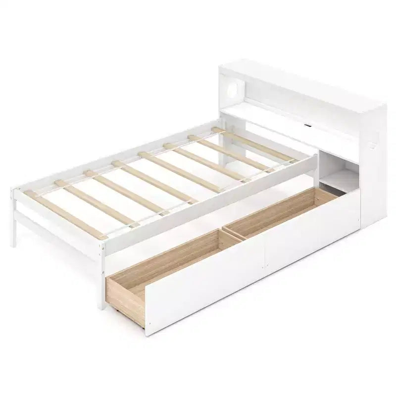 Struttura letto singolo con LED e USB, testiera a libreria, 2 cassetti – Bianco/Grigio