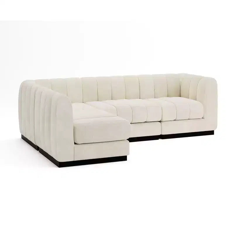 Divano componibile a L in ciniglia, 4 posti, Beige / Grigio / Verde