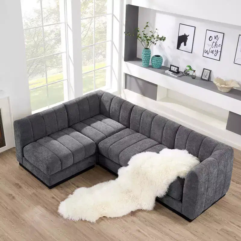 Divano componibile a L in ciniglia, 4 posti, Beige / Grigio / Verde
