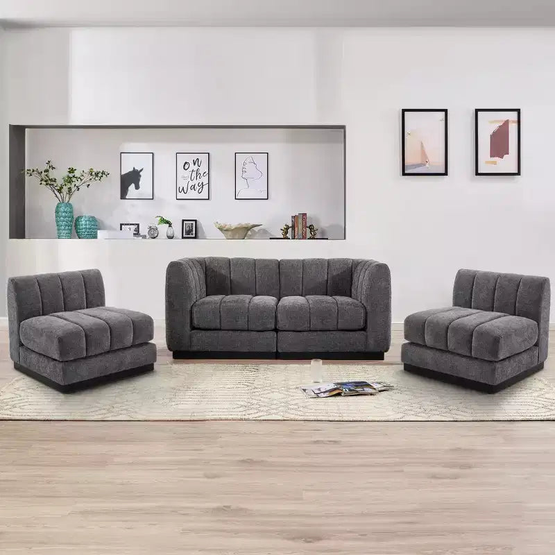 Divano componibile a L in ciniglia, 4 posti, Beige / Grigio / Verde