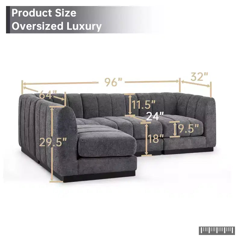 Divano componibile a L in ciniglia, 4 posti, Beige / Grigio / Verde