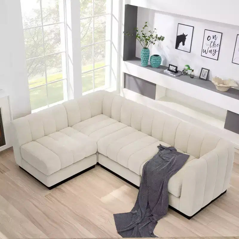 Divano componibile a L in ciniglia, 4 posti, Beige / Grigio / Verde