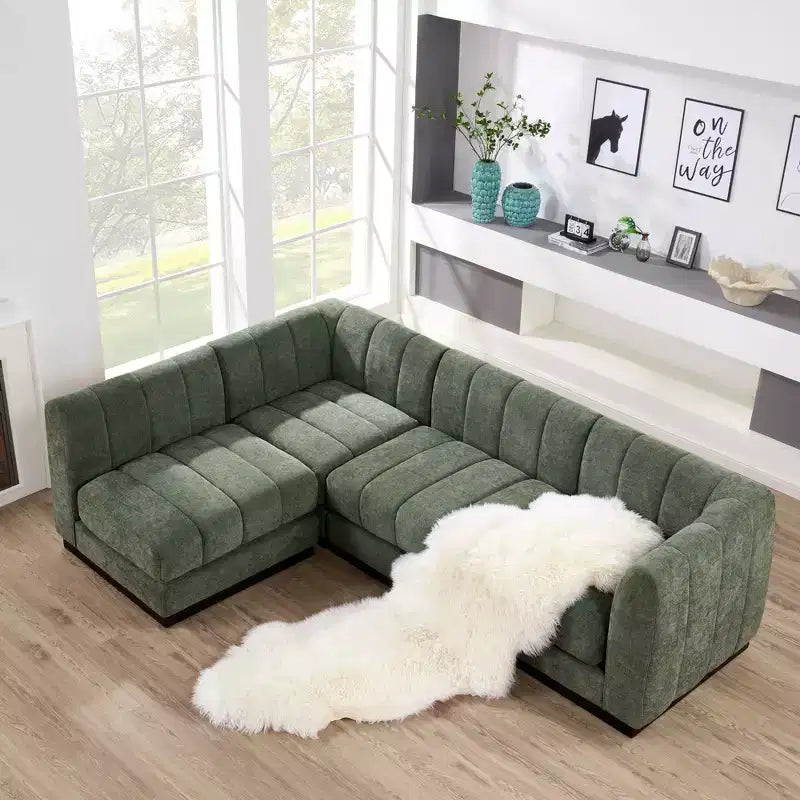 Divano componibile a L in ciniglia, 4 posti, Beige / Grigio / Verde