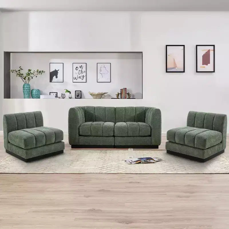 Divano componibile a L in ciniglia, 4 posti, Beige / Grigio / Verde