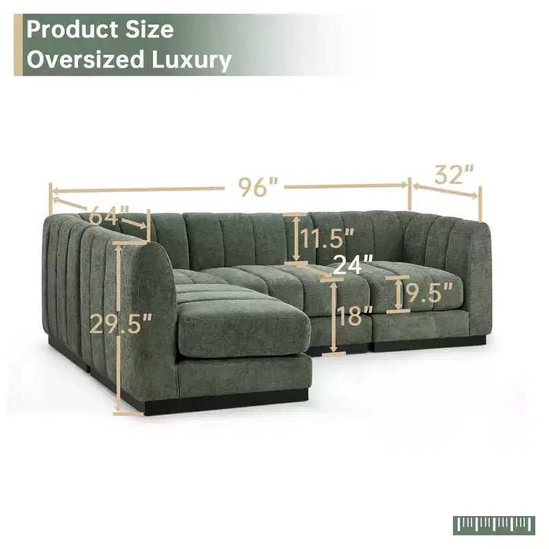 Divano componibile a L in ciniglia, 4 posti, Beige / Grigio / Verde