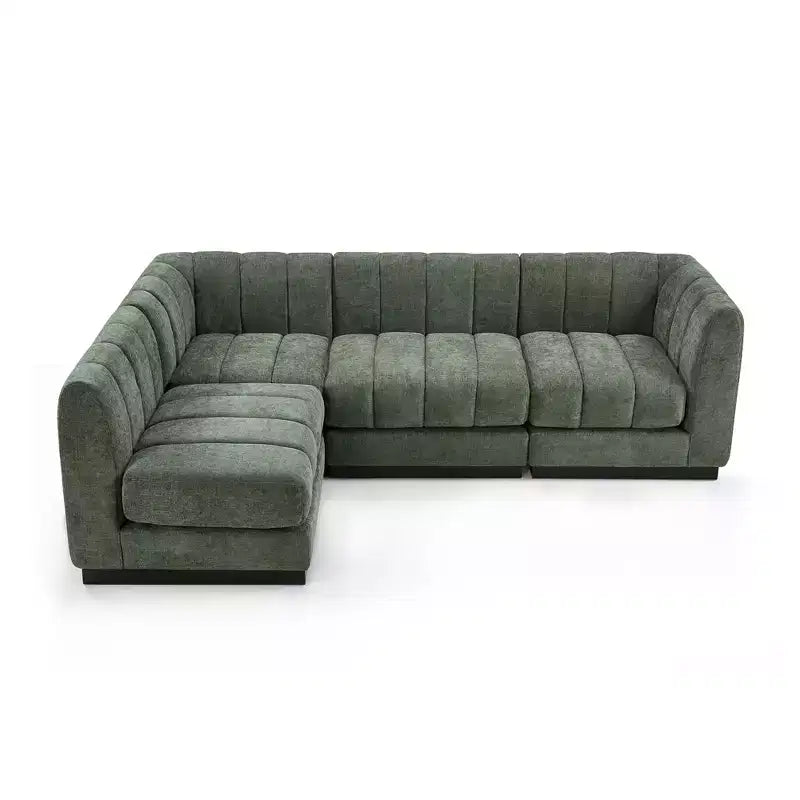 Divano componibile a L in ciniglia, 4 posti, Beige / Grigio / Verde