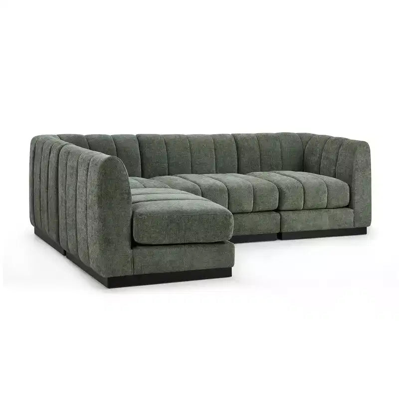 Divano componibile a L in ciniglia, 4 posti, Beige / Grigio / Verde