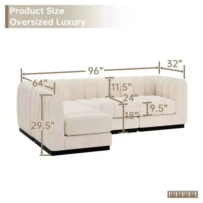 Divano componibile a L in ciniglia, 4 posti, Beige / Grigio / Verde
