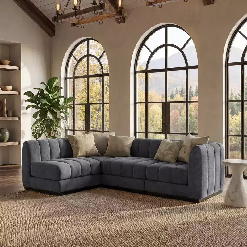 Divano componibile a L in ciniglia, 4 posti, Beige / Grigio / Verde
