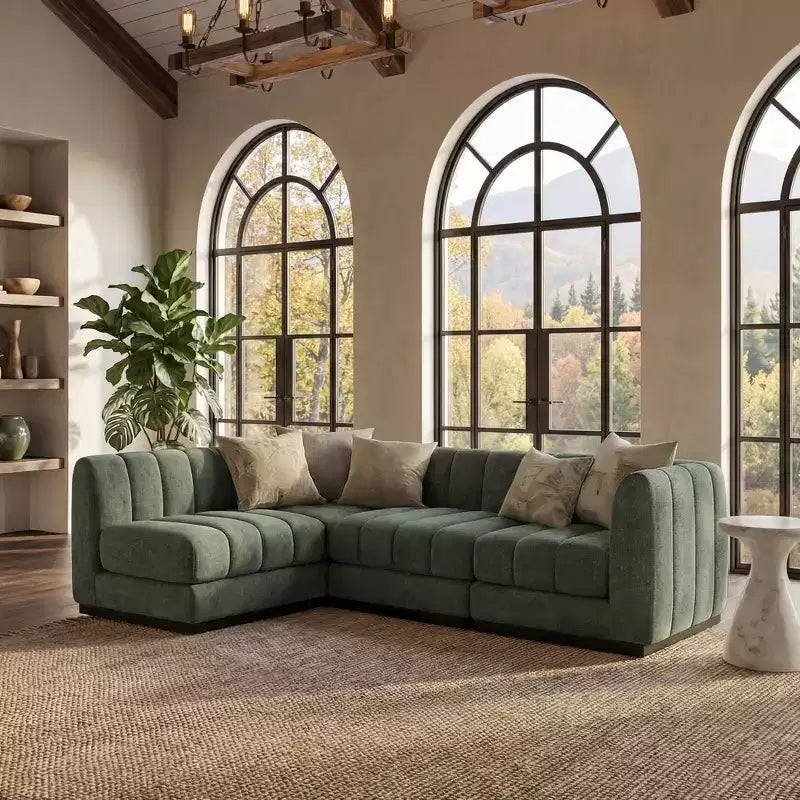Divano componibile a L in ciniglia, 4 posti, Beige / Grigio / Verde