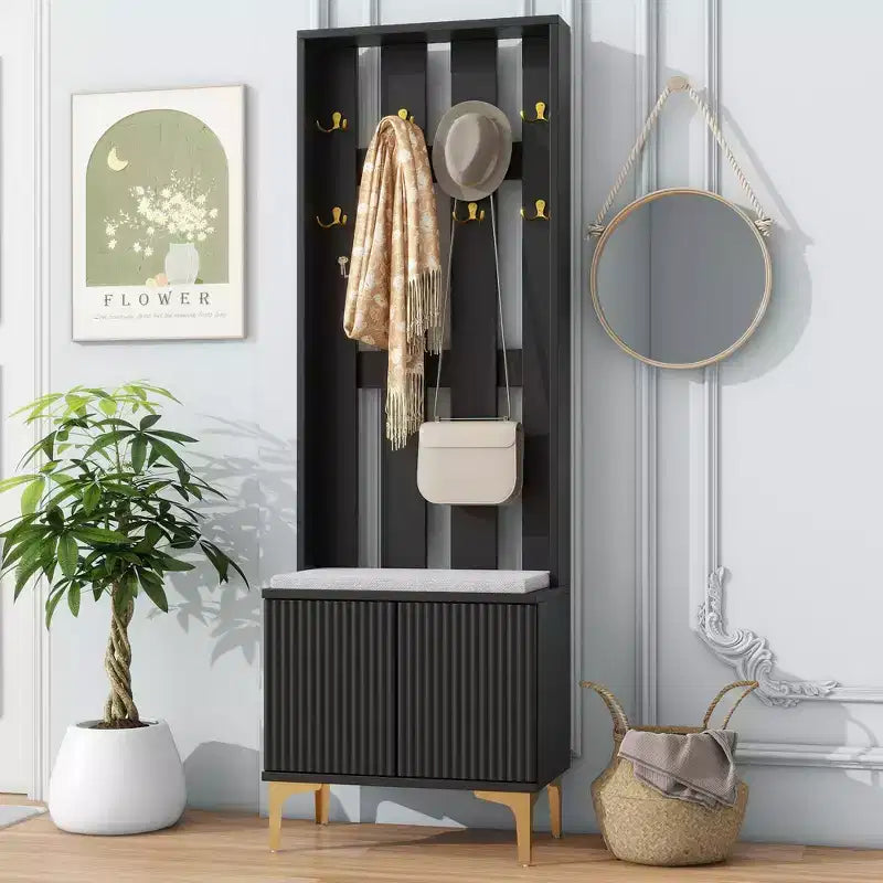 24''W 4 in 1 Modern Hall Tree Coat Rack Multifunctional Hallway Shoe Cabinet with Cushioned Storage Bench, Hooks and Adjustable Shelves-ModernLuxe