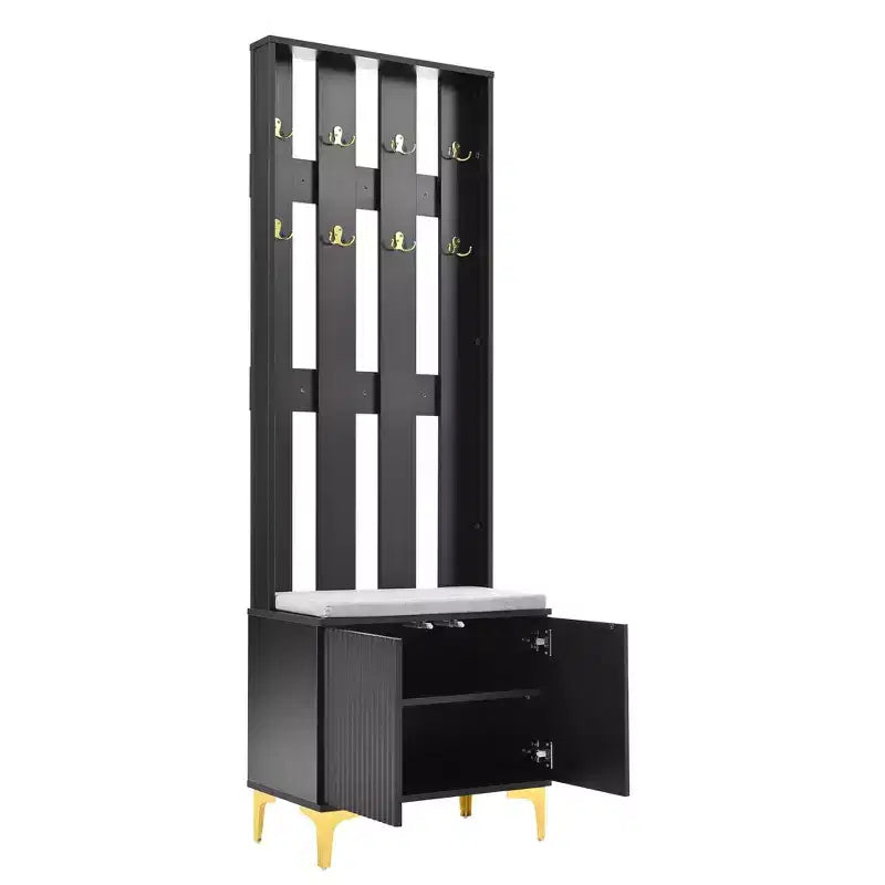 Albero da ingresso bianco 4 in 1 con panca imbottita, ganci e scarpiera – 1 persona