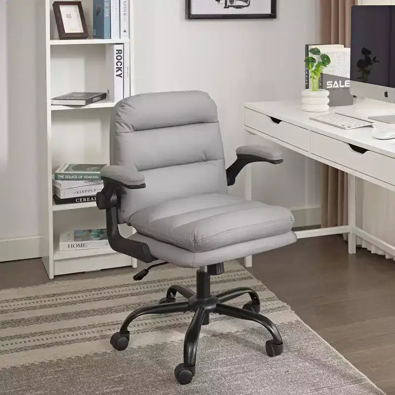 VECELO High Back Desk Chair PU Office Chair Upholstered Padding Swivel Computer Task Chair With Flip-Up Arms and Adjustable Height White/Gray