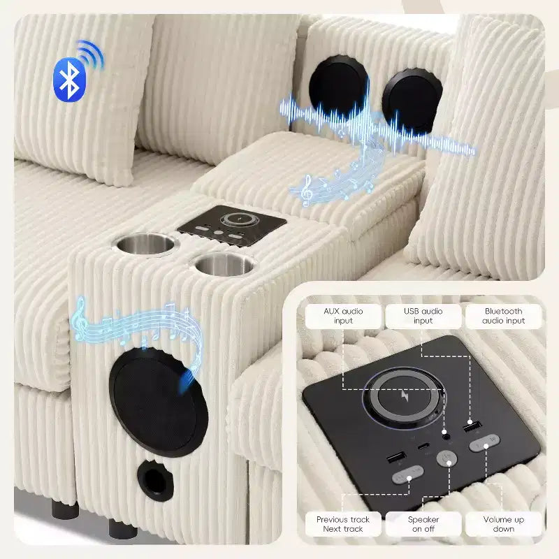 Divano componibile a L in velluto a coste grigio scuro/crema con Bluetooth, USB e portabicchieri – 4 posti