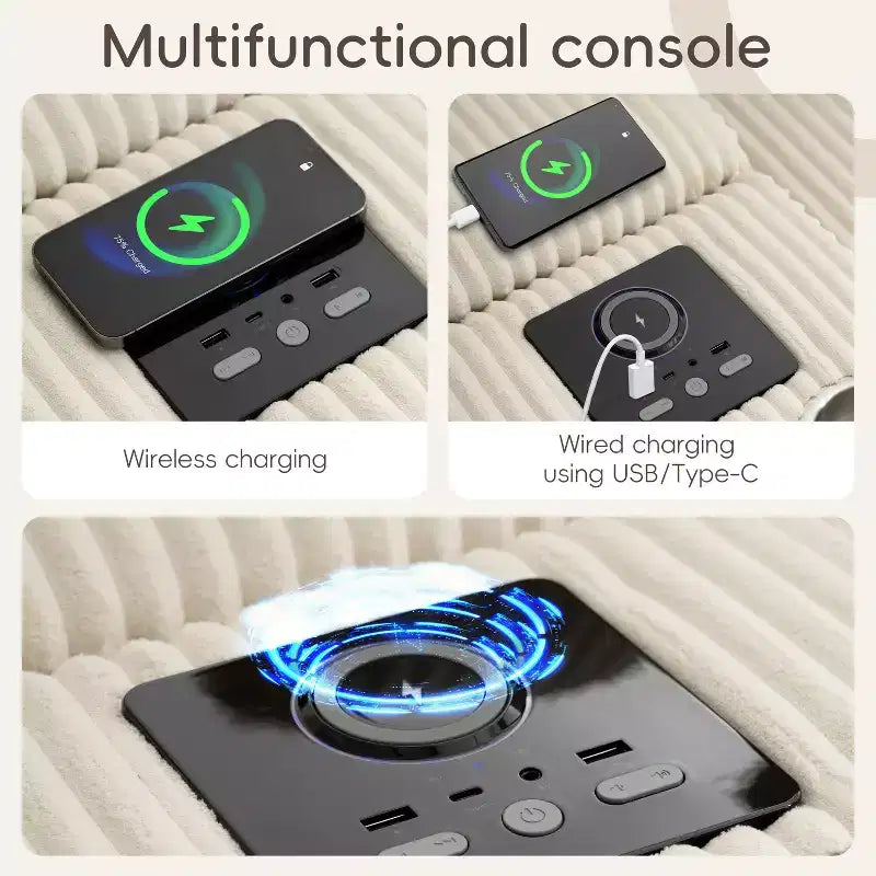 Divano componibile a L in velluto a coste grigio scuro/crema con Bluetooth, USB e portabicchieri – 4 posti