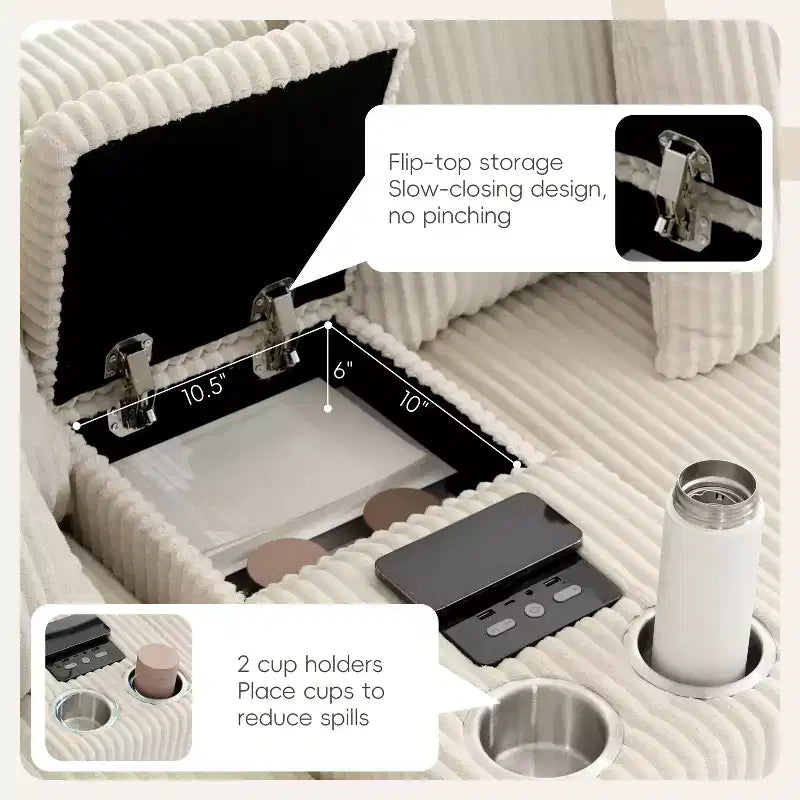 Divano componibile a L in velluto a coste grigio scuro/crema con Bluetooth, USB e portabicchieri – 4 posti