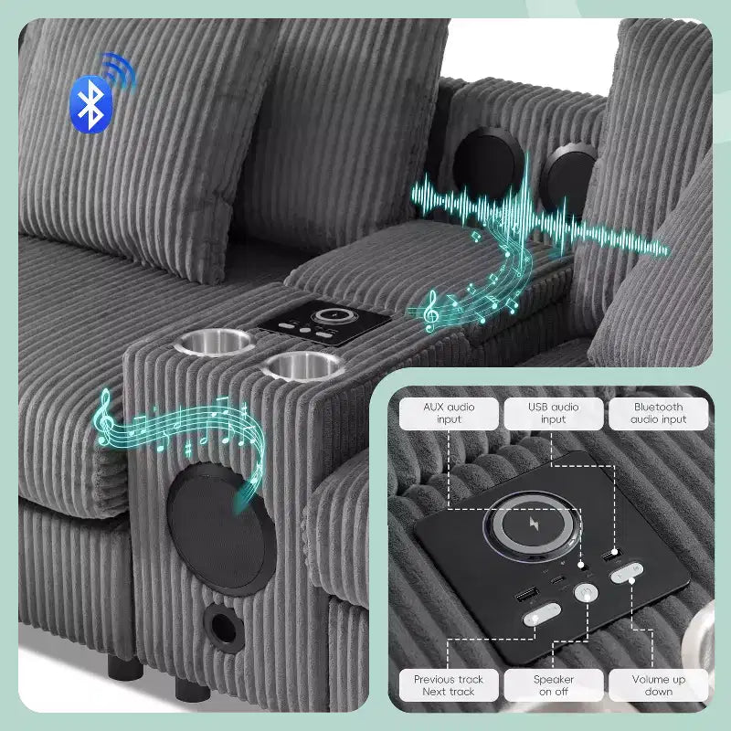 Divano componibile a L in velluto a coste grigio scuro/crema con Bluetooth, USB e portabicchieri – 4 posti