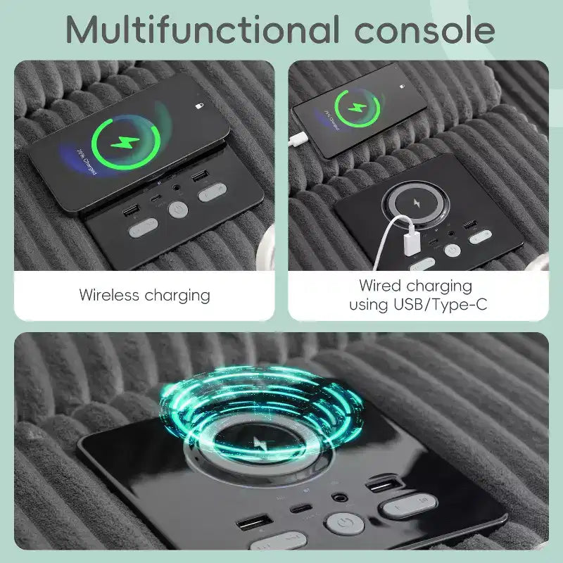 Divano componibile a L in velluto a coste grigio scuro/crema con Bluetooth, USB e portabicchieri – 4 posti