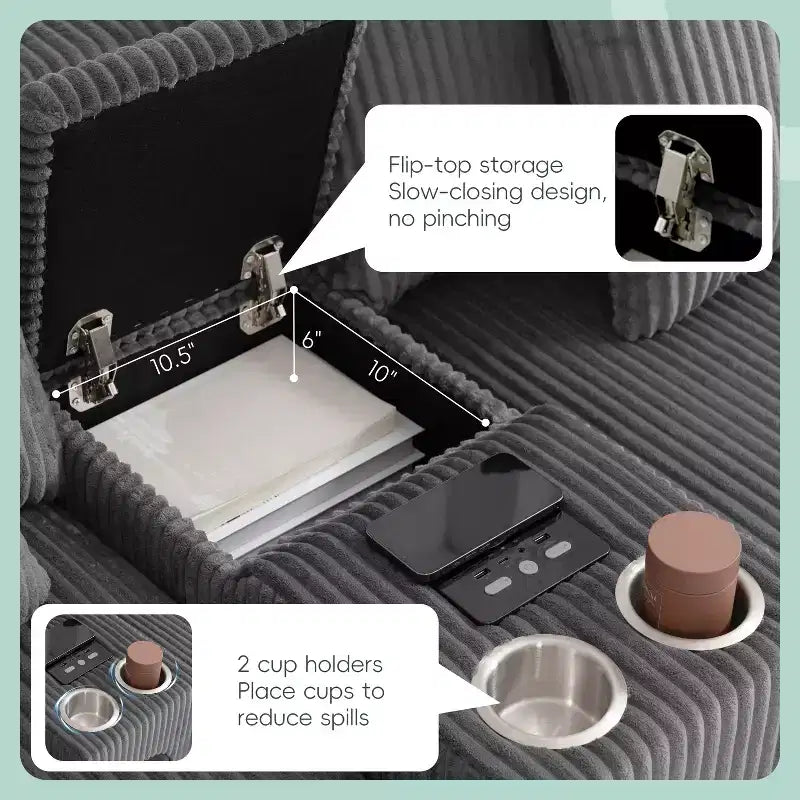 Divano componibile a L in velluto a coste grigio scuro/crema con Bluetooth, USB e portabicchieri – 4 posti