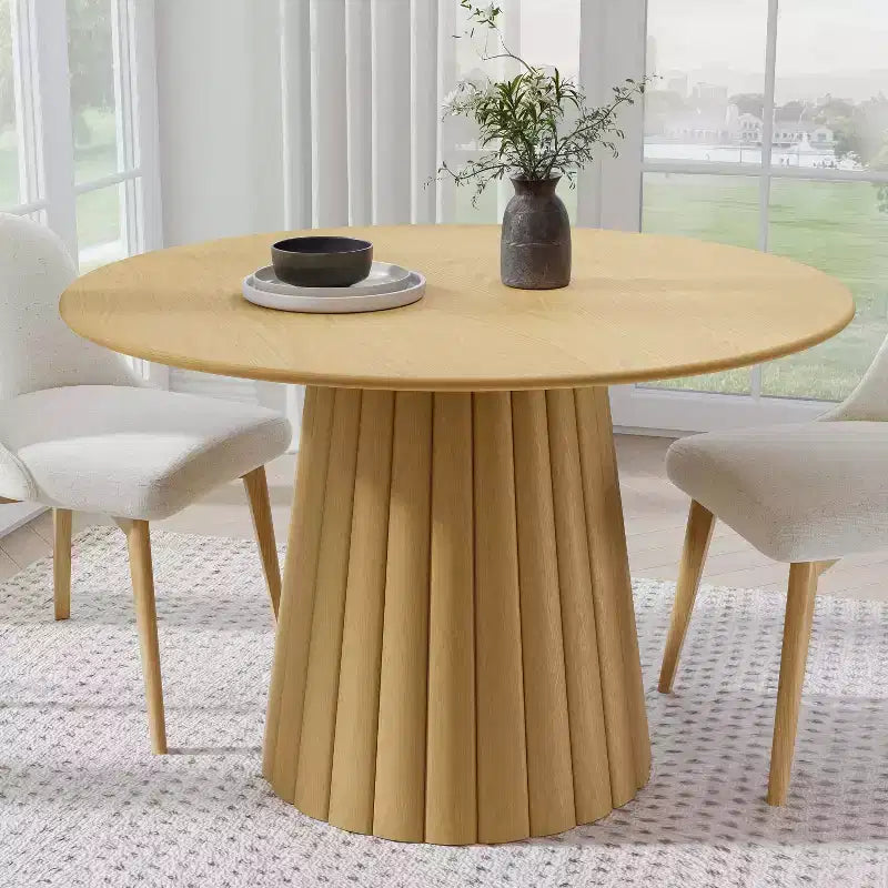 Tavolo da pranzo rotondo in legno massello nero/rovere/noce, base a piedistallo, 4 posti