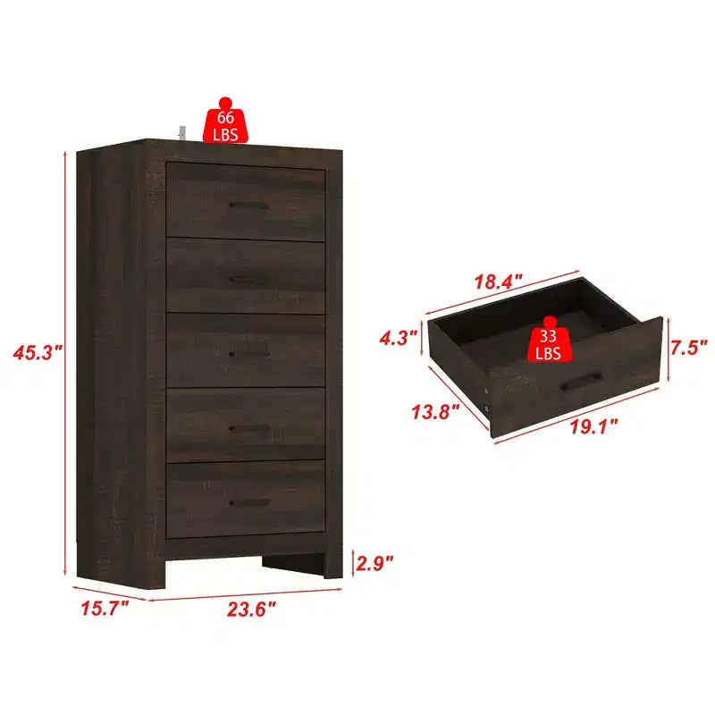 Comodino verticale a 5 cassetti, Marrone/Grigio, per adulti