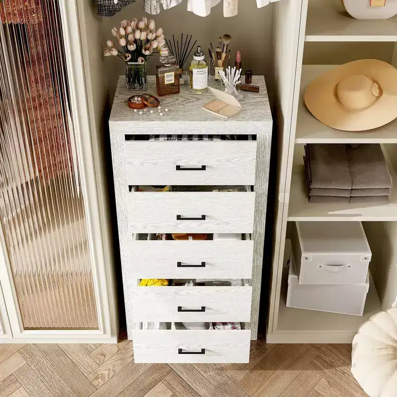 Comodino verticale a 5 cassetti, Marrone/Grigio, per adulti