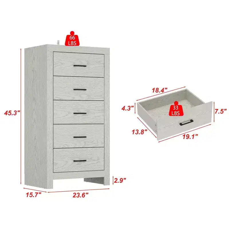 Comodino verticale a 5 cassetti, Marrone/Grigio, per adulti