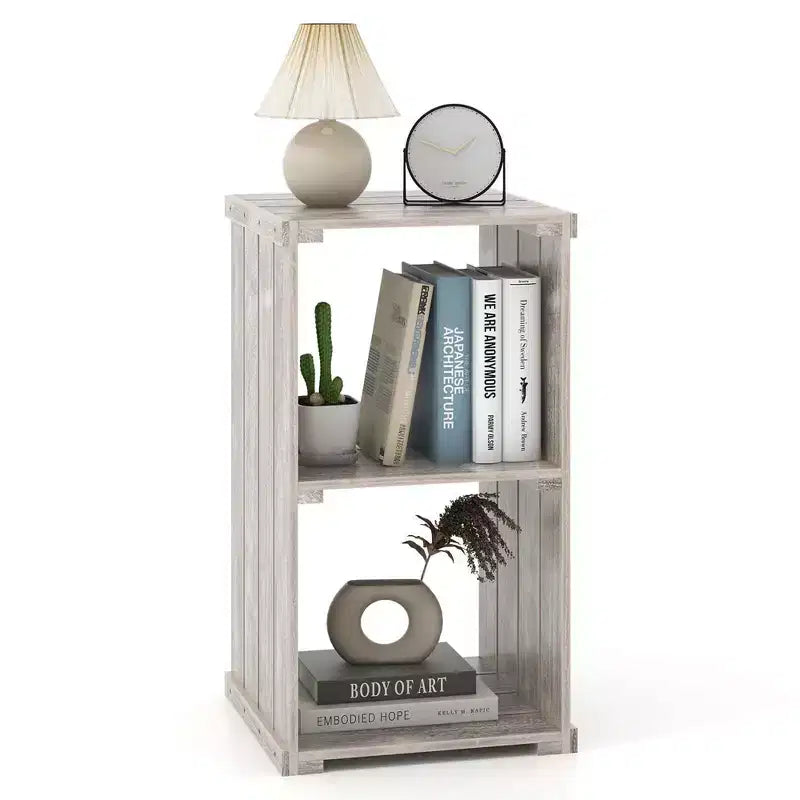 Costway 1/2 PCS 2-Cube Storage Shelf Slatted Paulownia Wood Cubic Organizer with Open Back Brown