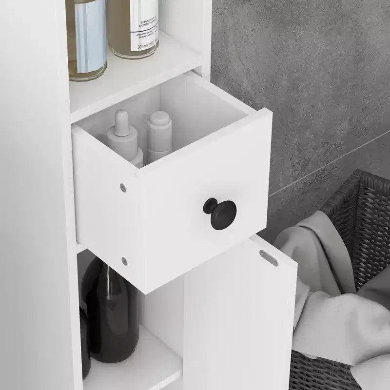Mobiletto bagno a terra grigio/bianco con ante, cassetto e 8 ripiani