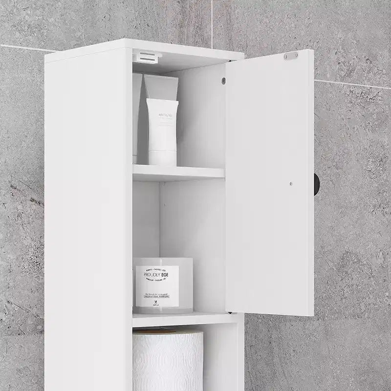 Mobiletto bagno a terra grigio/bianco con ante, cassetto e 8 ripiani