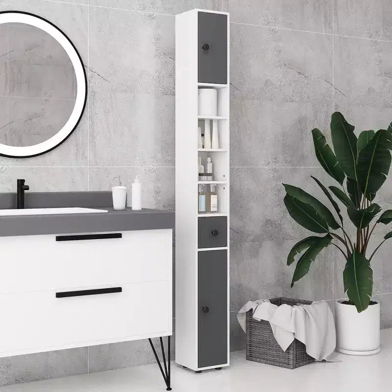 Mobiletto bagno a terra grigio/bianco con ante, cassetto e 8 ripiani