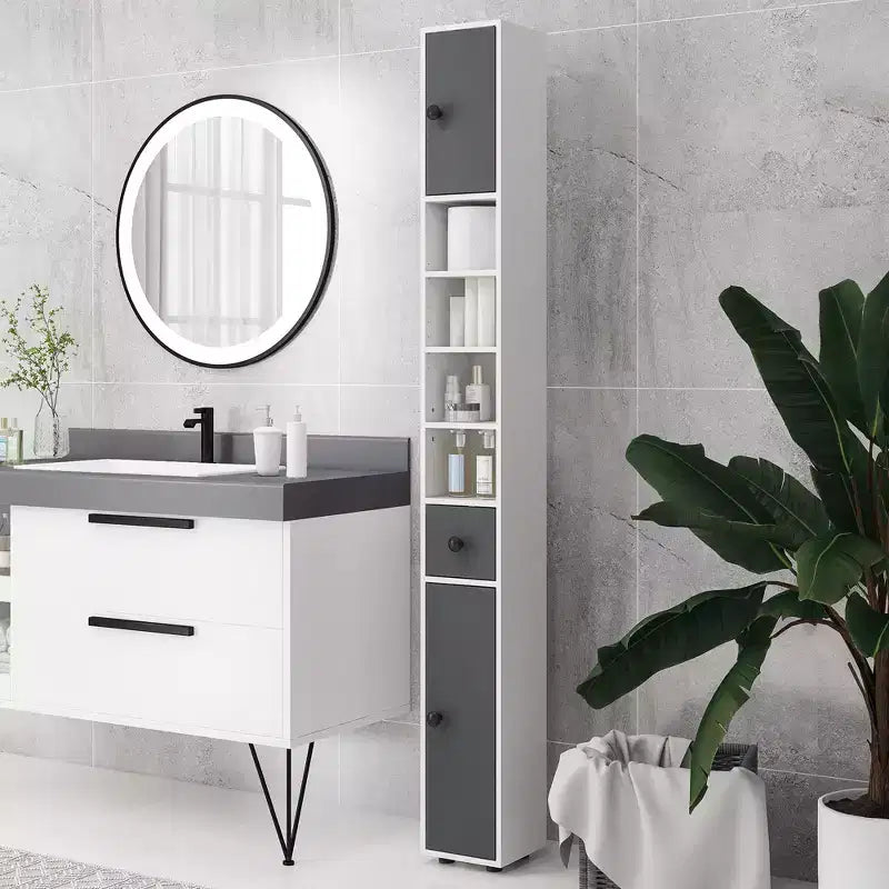 Mobiletto bagno a terra grigio/bianco con ante, cassetto e 8 ripiani